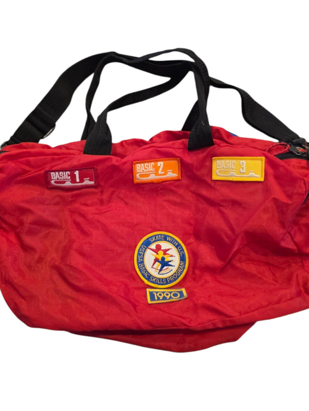 Vintage 1990 red nylon duffel bag USAFA Figure Skating Red w/ Patches